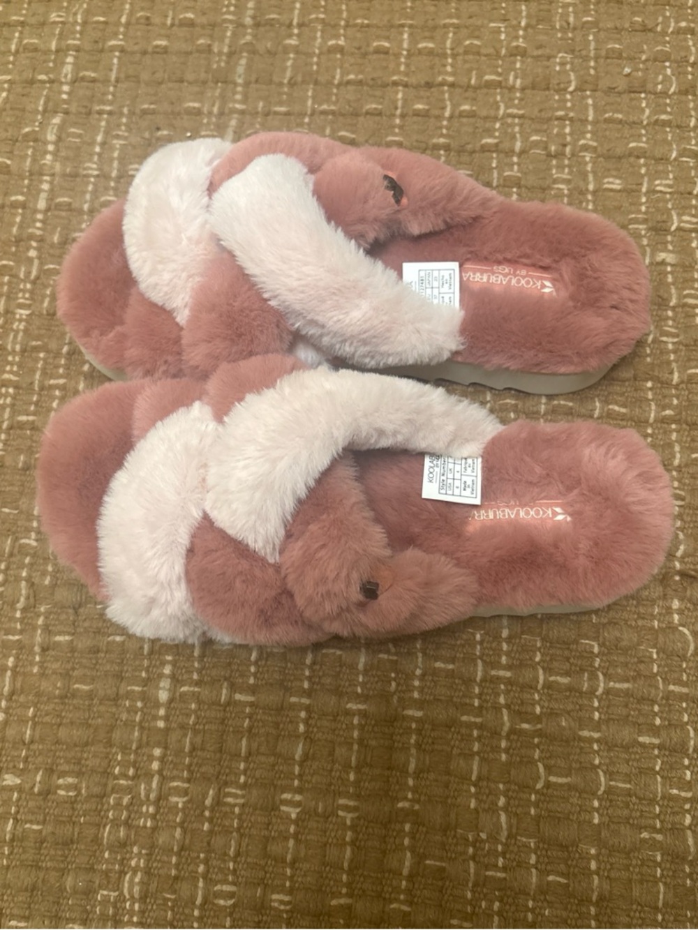UGG Koolaburra Faux Fur Crisscross Slippers in Blush and Cream